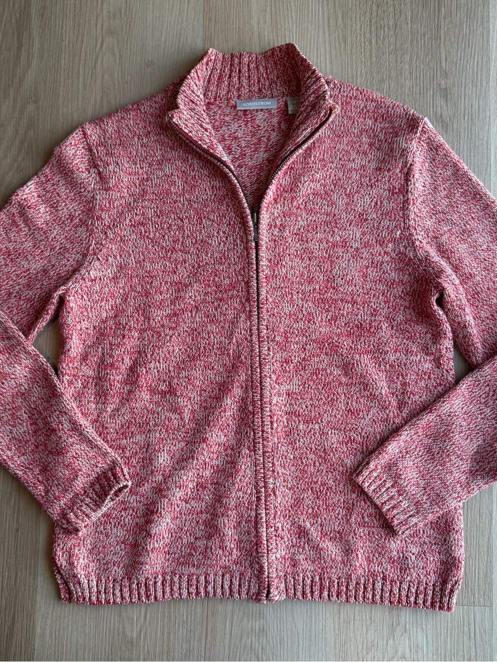 Nordstrom Red/White Heathered Knit Mock Neck Full Zip Cardigan Sweater M